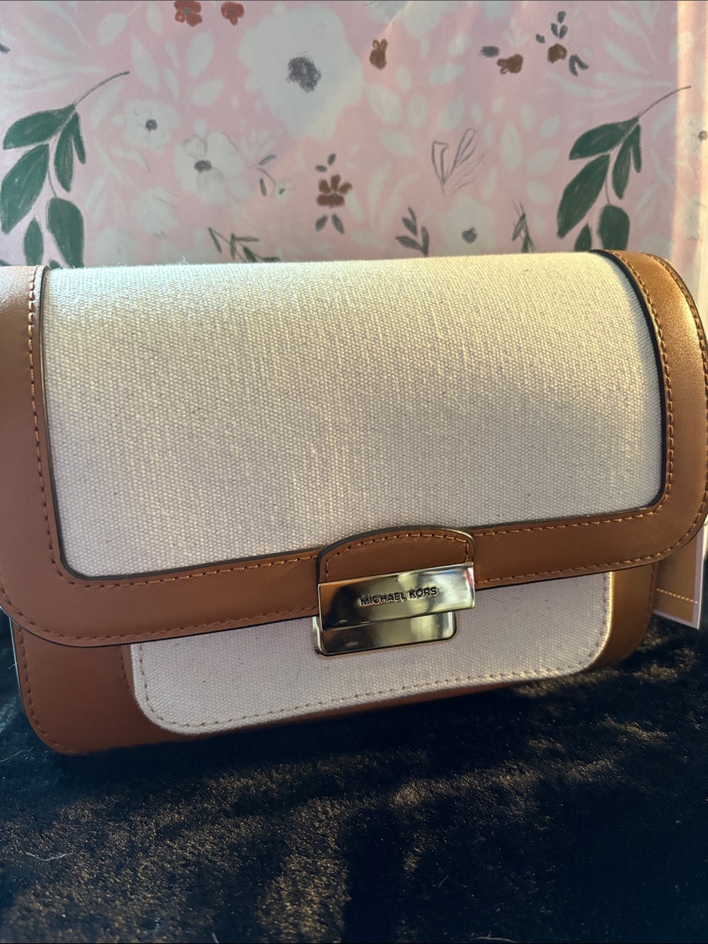 Michael Kors Cream and Tan Canvas Crossbody with Gold Hardware